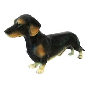 Porcelain Dachshund Dog Figurine Black Tan Weiner Doxie Male 7" Vtg Japan